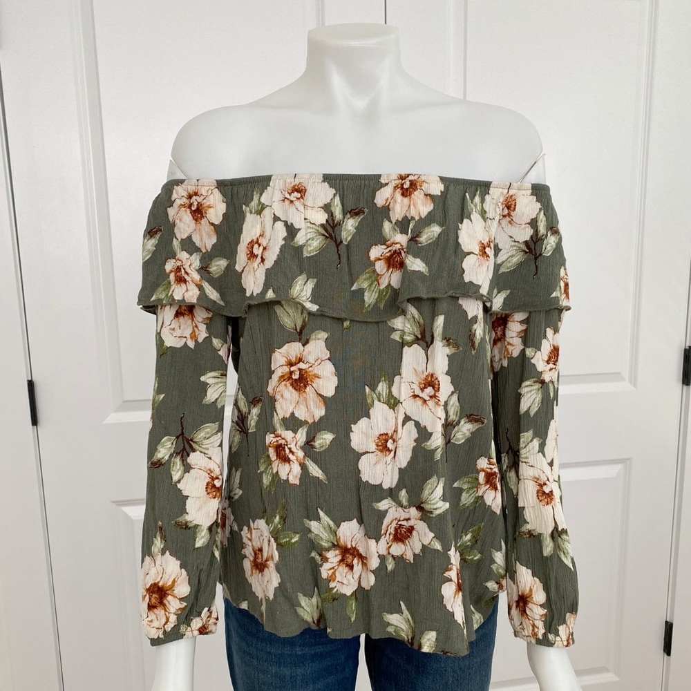 Fall Floral Off The Shoulder Blouse in Green, Cream & Brown